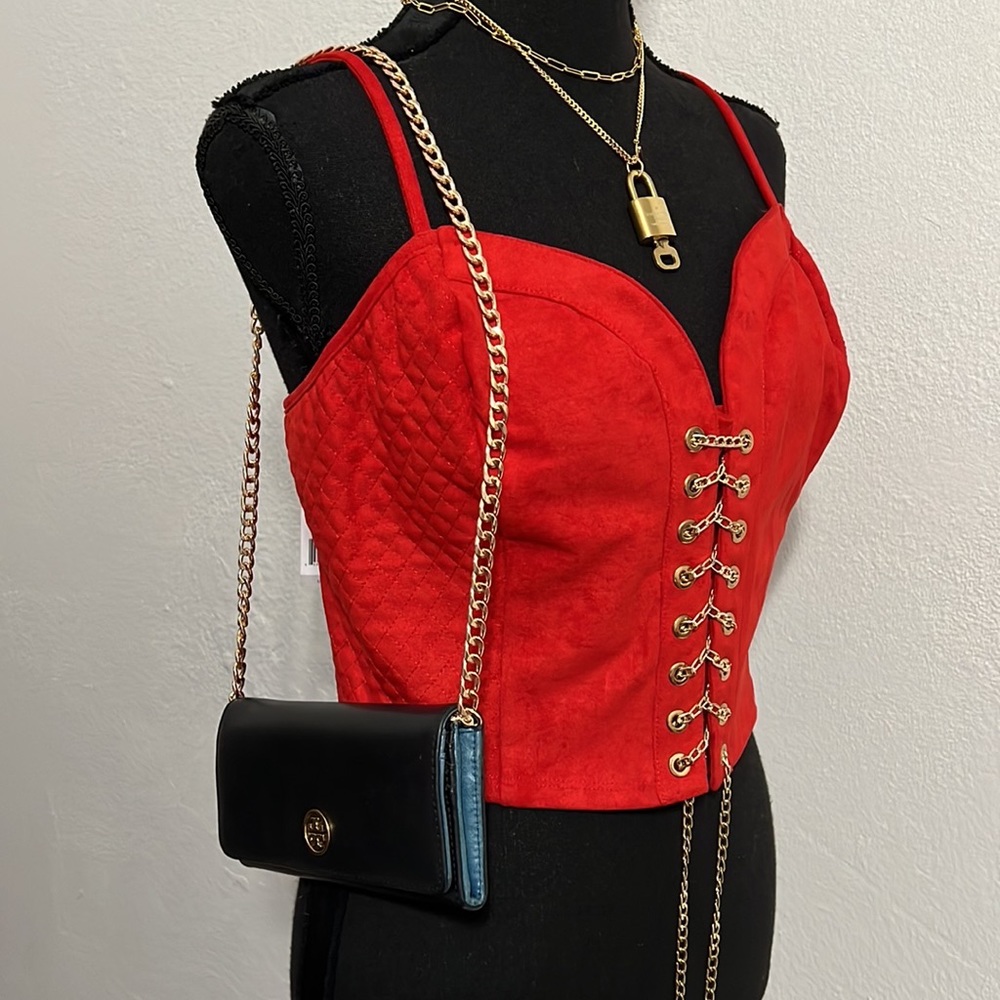 BeBe Josephine Quilted Chain Lace Up Corset Top Goji Berry Faux Suede Size L NWT